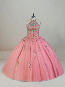 Pink Ball Gowns Appliques and Embroidery Quince Ball Gowns Lace Up Tulle Sleeveless