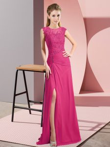 Perfect Hot Pink Zipper Scoop Beading Prom Gown Chiffon Sleeveless