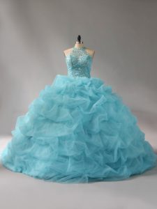 Chic Aqua Blue Sweet 16 Dress Sweet 16 and Quinceanera with Beading and Pick Ups Halter Top Sleeveless Court Train Lace 