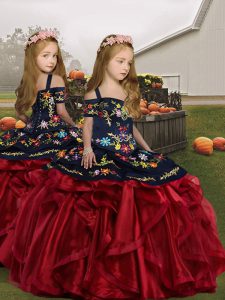 High Class Straps Sleeveless Lace Up Little Girls Pageant Gowns Wine Red Organza