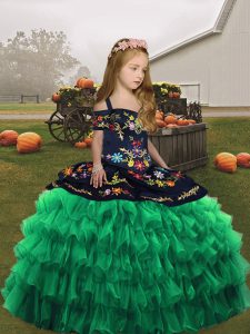 Green Ball Gowns Organza Straps Sleeveless Embroidery Floor Length Lace Up Evening Gowns