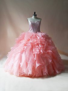 Suitable Floor Length Pink Sweet 16 Dress Sweetheart Sleeveless Lace Up