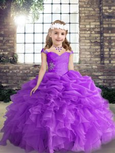 Purple Sleeveless Beading and Ruffles and Pick Ups Floor Length Kids Formal Wear