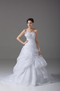 On Sale Strapless Sleeveless Organza Wedding Dresses Pick Ups and Hand Made Flower Brush Train Lace Up