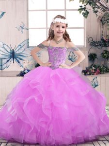Amazing Lilac Straps Neckline Beading Little Girl Pageant Gowns Sleeveless Lace Up