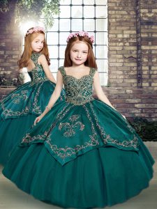 Floor Length Teal Little Girls Pageant Gowns Tulle Sleeveless Beading and Embroidery