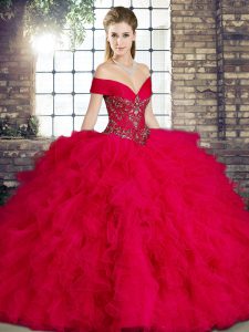 Artistic Red 15 Quinceanera Dress Military Ball and Sweet 16 and Quinceanera with Beading and Ruffles Off The Shoulder S