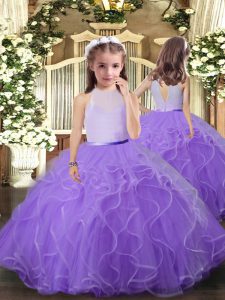 Lavender Tulle Backless Little Girls Pageant Dress Sleeveless Floor Length Ruffles