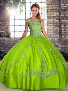 Green Tulle Lace Up Sweet 16 Quinceanera Dress Sleeveless Floor Length Beading and Embroidery
