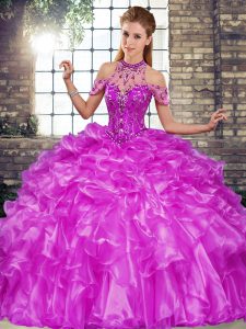 Sleeveless Floor Length Beading and Ruffles Lace Up Vestidos de Quinceanera with Purple
