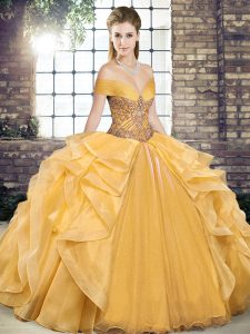 Beading and Ruffles Sweet 16 Dresses Gold Lace Up Sleeveless Floor Length
