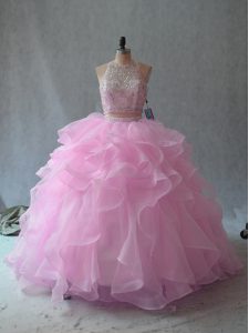 Two Pieces Quinceanera Dress Pink Scoop Organza Sleeveless Floor Length Backless