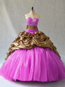 Lilac Organza and Printed Lace Up V-neck Sleeveless Sweet 16 Quinceanera Dress Brush Train Beading and Pick Ups