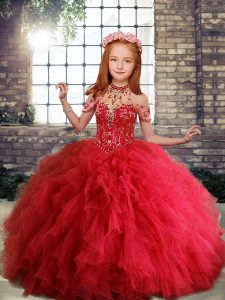 Red Scoop Neckline Ruffles Kids Pageant Dress Sleeveless Lace Up