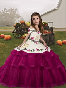 Fancy Fuchsia Tulle Lace Up Kids Pageant Dress Sleeveless Floor Length Embroidery and Ruffled Layers