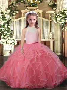 Floor Length Backless Kids Pageant Dress Watermelon Red for Party and Sweet 16 and Wedding Party with Ruffles