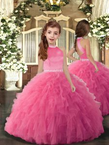 Latest Rose Pink Sleeveless Floor Length Beading and Ruffles Backless Kids Pageant Dress