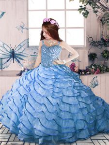 Great Court Train Ball Gowns Glitz Pageant Dress Blue Straps Organza Sleeveless Floor Length Lace Up