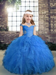 Beauteous Beading and Ruffles Kids Formal Wear Blue Lace Up Sleeveless Floor Length