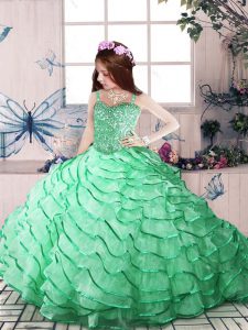 Discount Apple Green Ball Gowns Organza Straps Sleeveless Beading and Ruffled Layers Lace Up Girls Pageant Dresses Court