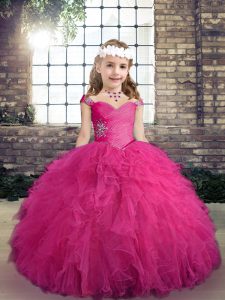 Cheap Fuchsia Sleeveless Tulle Lace Up Kids Formal Wear for Party and Wedding Party