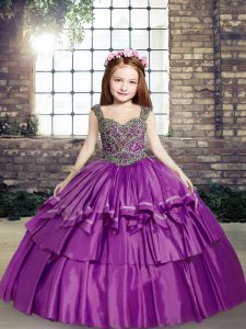 Customized Floor Length Purple Pageant Dress Straps Sleeveless Lace Up
