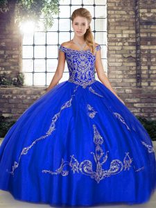 Wonderful Royal Blue Lace Up Off The Shoulder Beading and Embroidery Sweet 16 Dresses Tulle Sleeveless