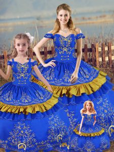 Ball Gowns Sweet 16 Dress Blue Off The Shoulder Satin Sleeveless Floor Length Lace Up