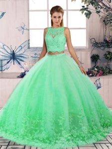 On Sale Turquoise Two Pieces Lace Quinceanera Dresses Backless Tulle Sleeveless