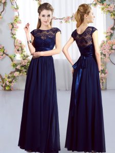 Dramatic Floor Length Zipper Bridesmaids Dress Navy Blue for Wedding Party with Lace and Belt