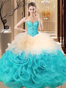 Exceptional Multi-color Lace Up Sweetheart Beading and Ruffles 15 Quinceanera Dress Fabric With Rolling Flowers Sleevele