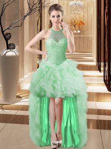 Glamorous Apple Green Lace Up Halter Top Beading and Ruffles Homecoming Dress Tulle Sleeveless