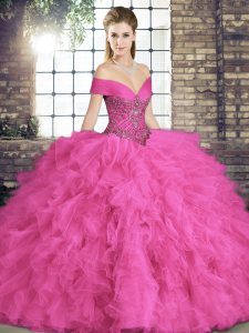 Custom Design Floor Length Ball Gowns Sleeveless Hot Pink 15 Quinceanera Dress Lace Up