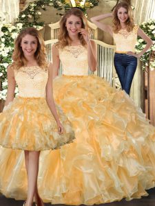 Gold Clasp Handle 15th Birthday Dress Lace and Ruffles Sleeveless Floor Length