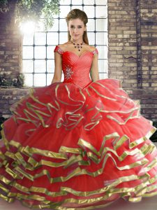 Coral Red Ball Gowns Tulle Off The Shoulder Sleeveless Beading and Ruffled Layers Floor Length Lace Up Quince Ball Gowns
