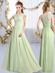 Amazing Cap Sleeves Floor Length Lace Clasp Handle Bridesmaid Dress with Yellow Green