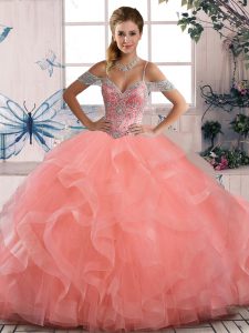 Best Sleeveless Tulle Floor Length Lace Up Sweet 16 Dresses in Peach with Beading and Ruffles