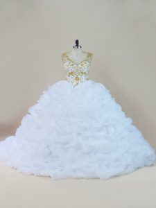 Colorful V-neck Sleeveless Quinceanera Gown Brush Train Beading and Pick Ups White Organza