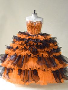 Sleeveless Floor Length Beading Lace Up 15th Birthday Dress with Orange