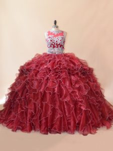 Organza Scoop Sleeveless Brush Train Zipper Beading and Lace and Appliques Sweet 16 Quinceanera Dress in Red
