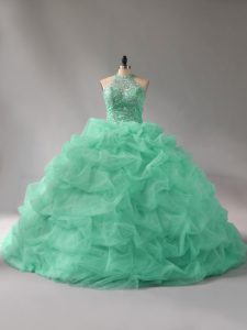 Sleeveless Organza Court Train Lace Up Quinceanera Gowns in Apple Green with Beading and Pick Ups