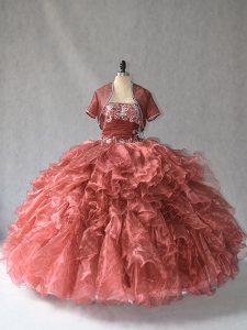 Captivating Strapless Sleeveless Lace Up Beading and Ruffles Vestidos de Quinceanera in Red