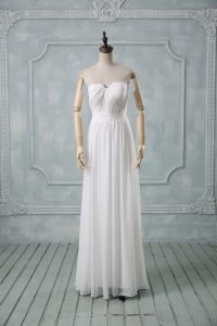 Glamorous Strapless Sleeveless Wedding Gown Floor Length Ruching White Chiffon