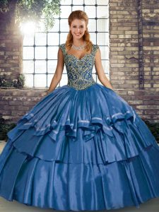 Clearance Sleeveless Taffeta Floor Length Lace Up Ball Gown Prom Dress in Blue with Beading and Ruffled Layers