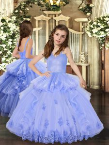 Custom Made Floor Length Lavender Little Girls Pageant Dress Tulle Sleeveless Appliques