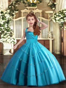Perfect Beading Pageant Dress for Teens Baby Blue Lace Up Sleeveless Floor Length
