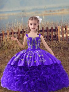 Purple Ball Gowns Fabric With Rolling Flowers Straps Sleeveless Embroidery Lace Up Pageant Gowns For Girls Sweep Train