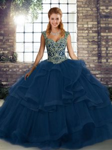 Vintage Ball Gowns Quinceanera Gown Blue Straps Tulle Sleeveless Floor Length Lace Up