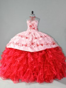 Sophisticated Court Train Ball Gowns 15 Quinceanera Dress Red Halter Top Organza Sleeveless Lace Up