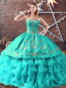 High Quality Aqua Blue Sweetheart Neckline Embroidery and Ruffled Layers Vestidos de Quinceanera Sleeveless Lace Up